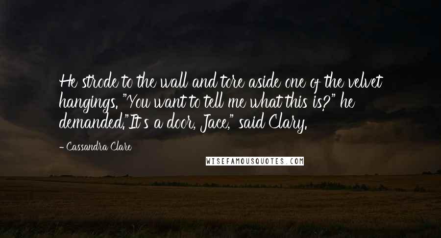 Cassandra Clare Quotes: He strode to the wall and tore aside one of the velvet hangings. "You want to tell me what this is?" he demanded."It's a door, Jace," said Clary.