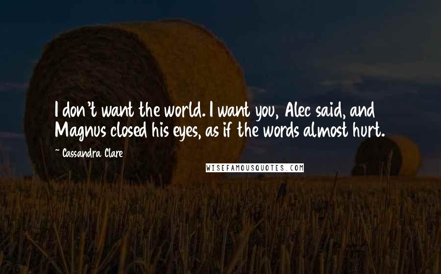 Cassandra Clare Quotes: I don't want the world. I want you, Alec said, and Magnus closed his eyes, as if the words almost hurt.