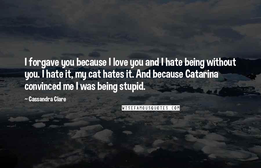 Cassandra Clare Quotes: I forgave you because I love you and I hate being without you. I hate it, my cat hates it. And because Catarina convinced me I was being stupid.