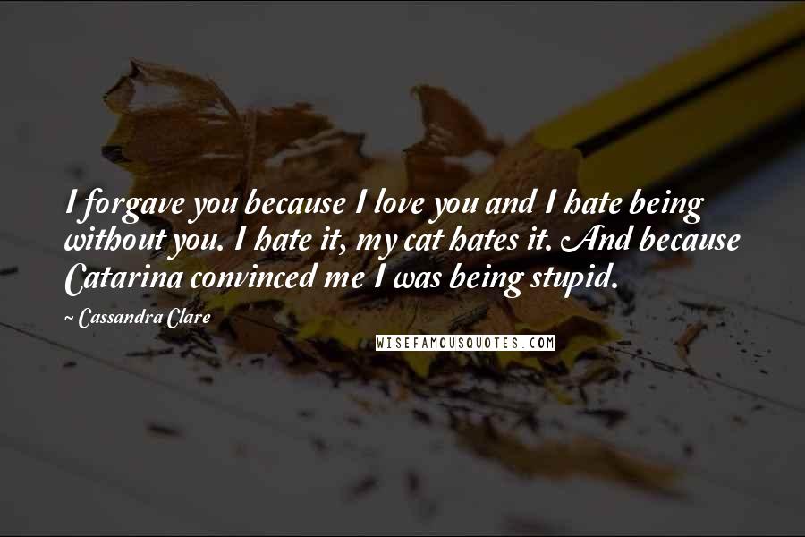 Cassandra Clare Quotes: I forgave you because I love you and I hate being without you. I hate it, my cat hates it. And because Catarina convinced me I was being stupid.