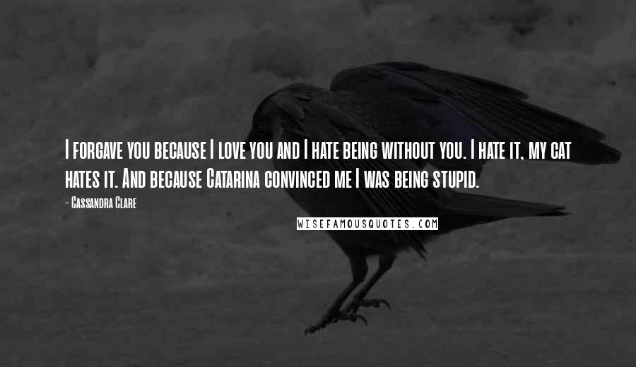 Cassandra Clare Quotes: I forgave you because I love you and I hate being without you. I hate it, my cat hates it. And because Catarina convinced me I was being stupid.