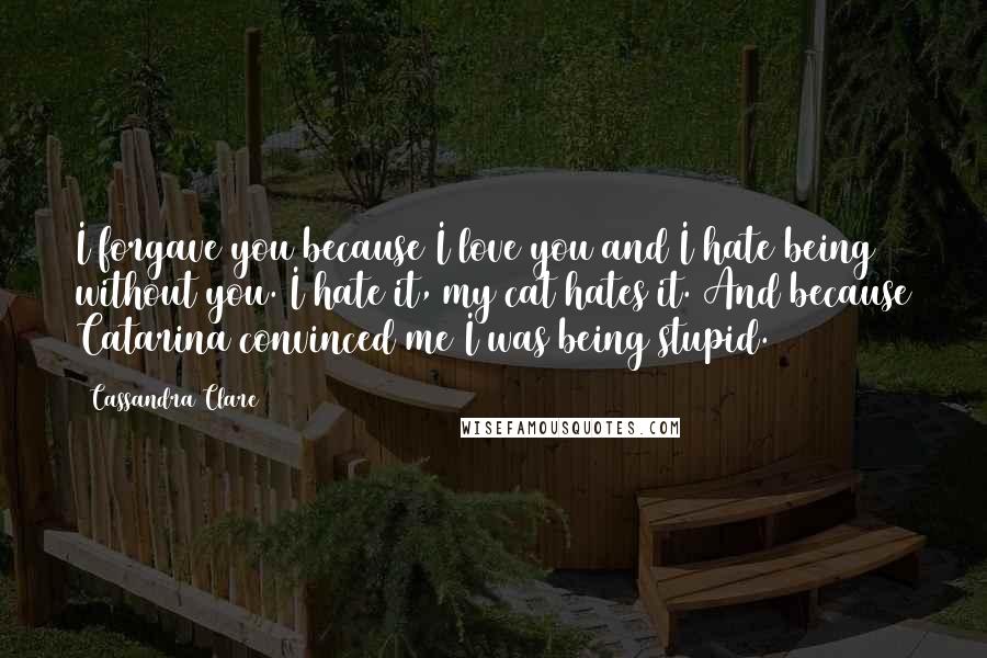 Cassandra Clare Quotes: I forgave you because I love you and I hate being without you. I hate it, my cat hates it. And because Catarina convinced me I was being stupid.