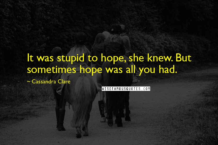 Cassandra Clare Quotes: It was stupid to hope, she knew. But sometimes hope was all you had.