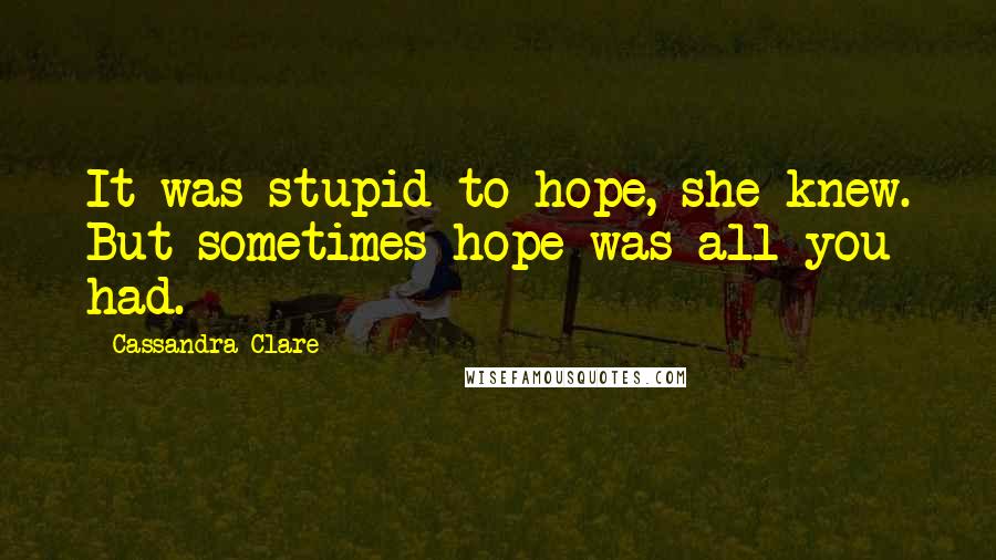 Cassandra Clare Quotes: It was stupid to hope, she knew. But sometimes hope was all you had.