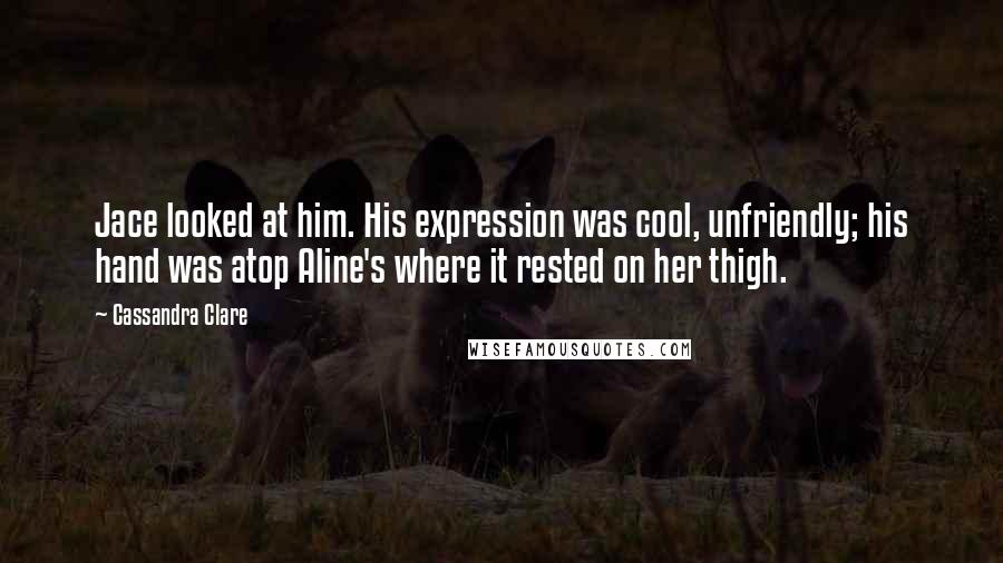 Cassandra Clare Quotes: Jace looked at him. His expression was cool, unfriendly; his hand was atop Aline's where it rested on her thigh.