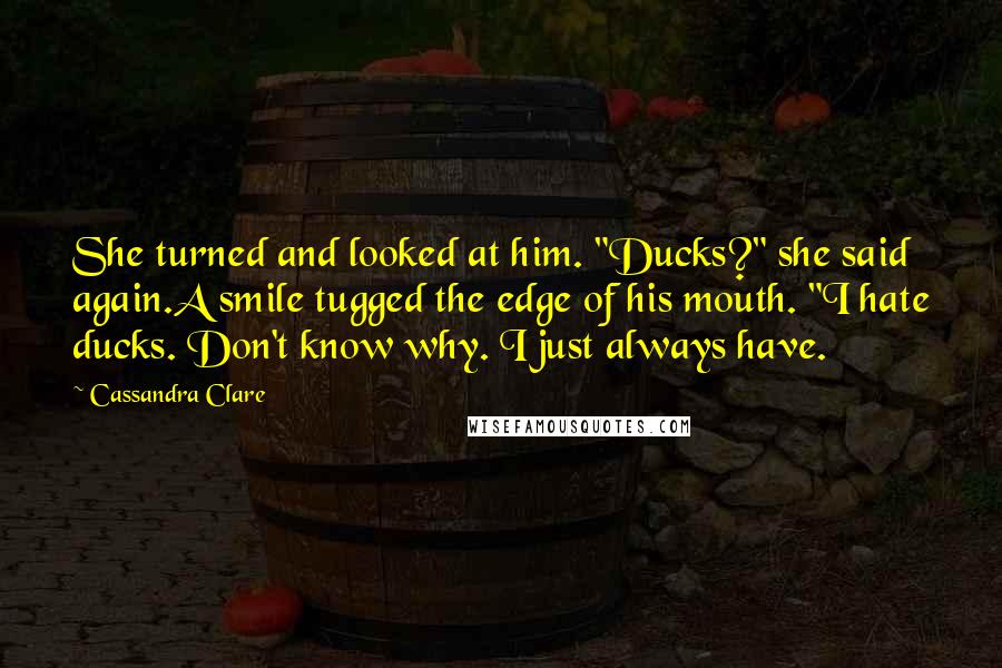 Cassandra Clare Quotes: She turned and looked at him. "Ducks?" she said again.A smile tugged the edge of his mouth. "I hate ducks. Don't know why. I just always have.