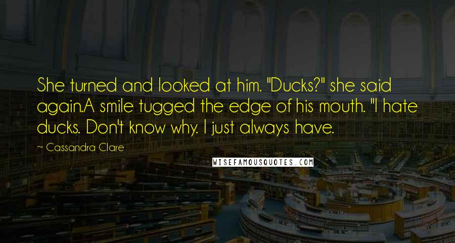 Cassandra Clare Quotes: She turned and looked at him. "Ducks?" she said again.A smile tugged the edge of his mouth. "I hate ducks. Don't know why. I just always have.