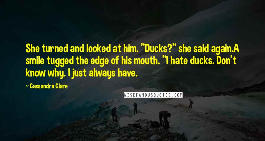 Cassandra Clare Quotes: She turned and looked at him. "Ducks?" she said again.A smile tugged the edge of his mouth. "I hate ducks. Don't know why. I just always have.