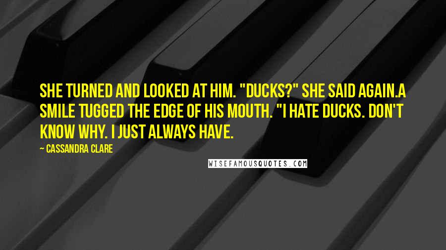 Cassandra Clare Quotes: She turned and looked at him. "Ducks?" she said again.A smile tugged the edge of his mouth. "I hate ducks. Don't know why. I just always have.