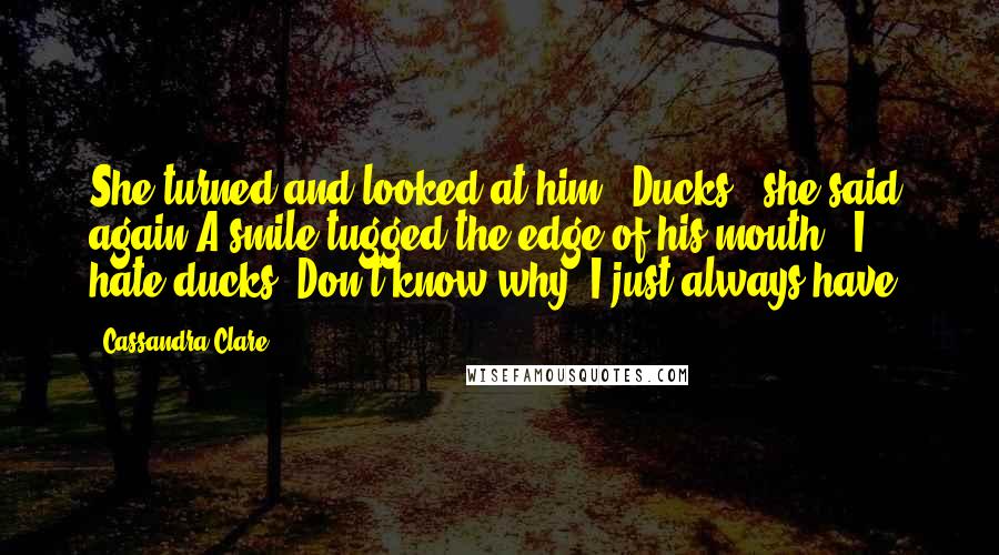 Cassandra Clare Quotes: She turned and looked at him. "Ducks?" she said again.A smile tugged the edge of his mouth. "I hate ducks. Don't know why. I just always have.