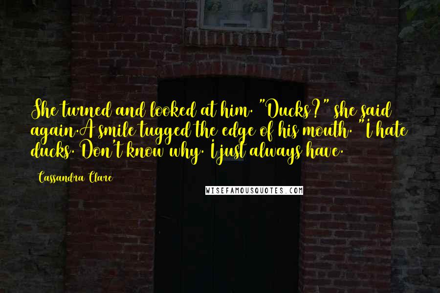 Cassandra Clare Quotes: She turned and looked at him. "Ducks?" she said again.A smile tugged the edge of his mouth. "I hate ducks. Don't know why. I just always have.