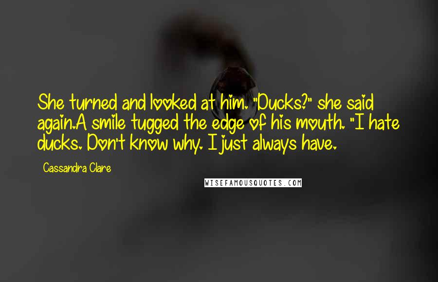 Cassandra Clare Quotes: She turned and looked at him. "Ducks?" she said again.A smile tugged the edge of his mouth. "I hate ducks. Don't know why. I just always have.