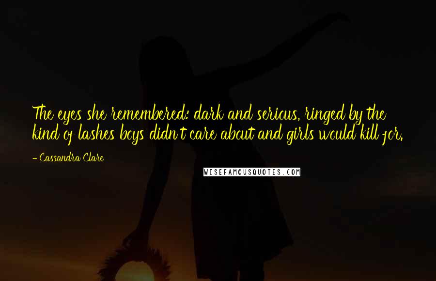 Cassandra Clare Quotes: The eyes she remembered: dark and serious, ringed by the kind of lashes boys didn't care about and girls would kill for.