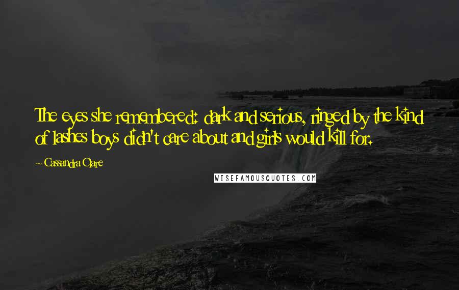 Cassandra Clare Quotes: The eyes she remembered: dark and serious, ringed by the kind of lashes boys didn't care about and girls would kill for.