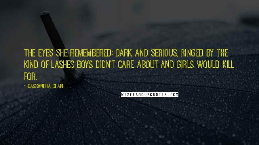 Cassandra Clare Quotes: The eyes she remembered: dark and serious, ringed by the kind of lashes boys didn't care about and girls would kill for.