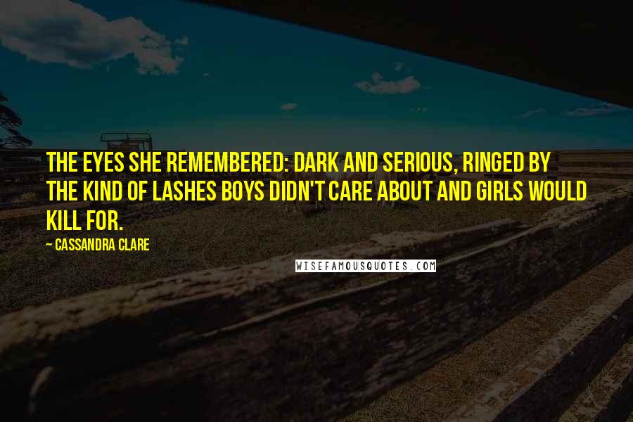 Cassandra Clare Quotes: The eyes she remembered: dark and serious, ringed by the kind of lashes boys didn't care about and girls would kill for.