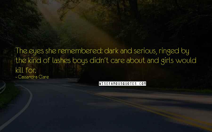 Cassandra Clare Quotes: The eyes she remembered: dark and serious, ringed by the kind of lashes boys didn't care about and girls would kill for.