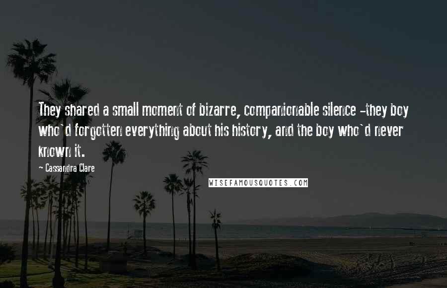 Cassandra Clare Quotes: They shared a small moment of bizarre, companionable silence -they boy who'd forgotten everything about his history, and the boy who'd never known it.