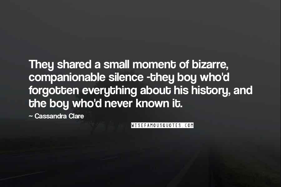 Cassandra Clare Quotes: They shared a small moment of bizarre, companionable silence -they boy who'd forgotten everything about his history, and the boy who'd never known it.