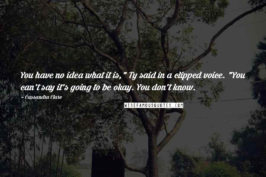 Cassandra Clare Quotes: You have no idea what it is," Ty said in a clipped voice. "You can't say it's going to be okay. You don't know.