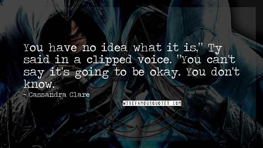 Cassandra Clare Quotes: You have no idea what it is," Ty said in a clipped voice. "You can't say it's going to be okay. You don't know.