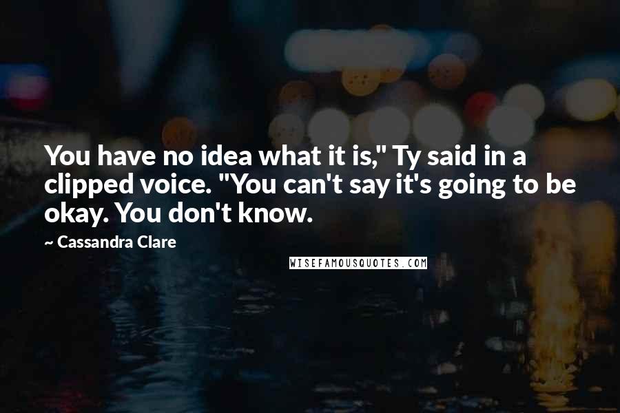 Cassandra Clare Quotes: You have no idea what it is," Ty said in a clipped voice. "You can't say it's going to be okay. You don't know.