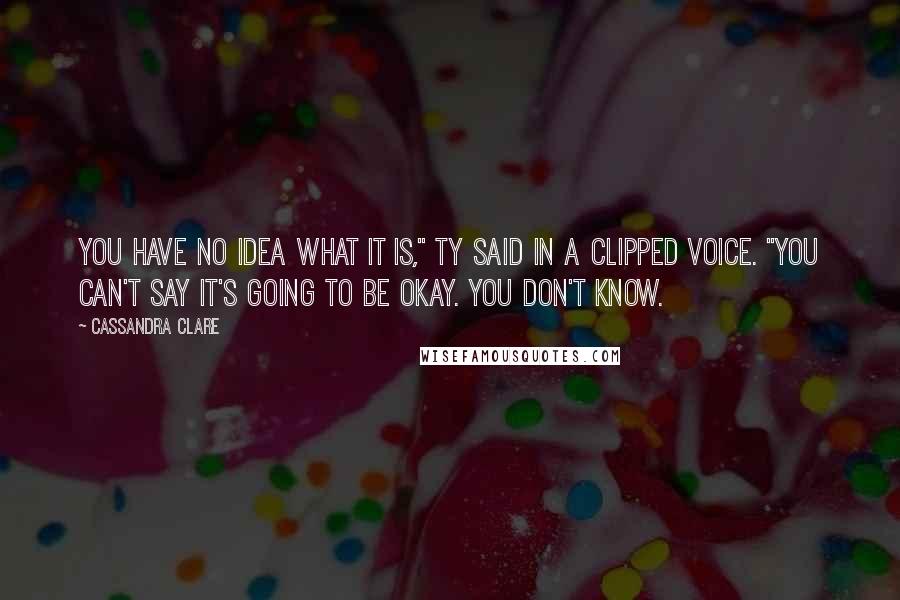 Cassandra Clare Quotes: You have no idea what it is," Ty said in a clipped voice. "You can't say it's going to be okay. You don't know.