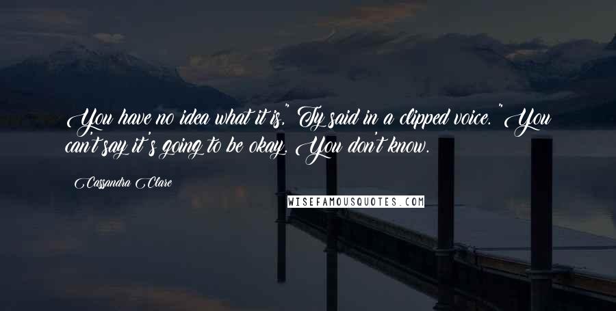 Cassandra Clare Quotes: You have no idea what it is," Ty said in a clipped voice. "You can't say it's going to be okay. You don't know.