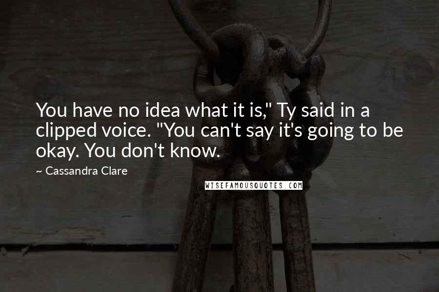 Cassandra Clare Quotes: You have no idea what it is," Ty said in a clipped voice. "You can't say it's going to be okay. You don't know.