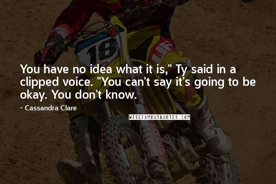 Cassandra Clare Quotes: You have no idea what it is," Ty said in a clipped voice. "You can't say it's going to be okay. You don't know.