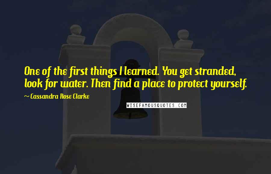 Cassandra Rose Clarke Quotes: One of the first things I learned. You get stranded, look for water. Then find a place to protect yourself.