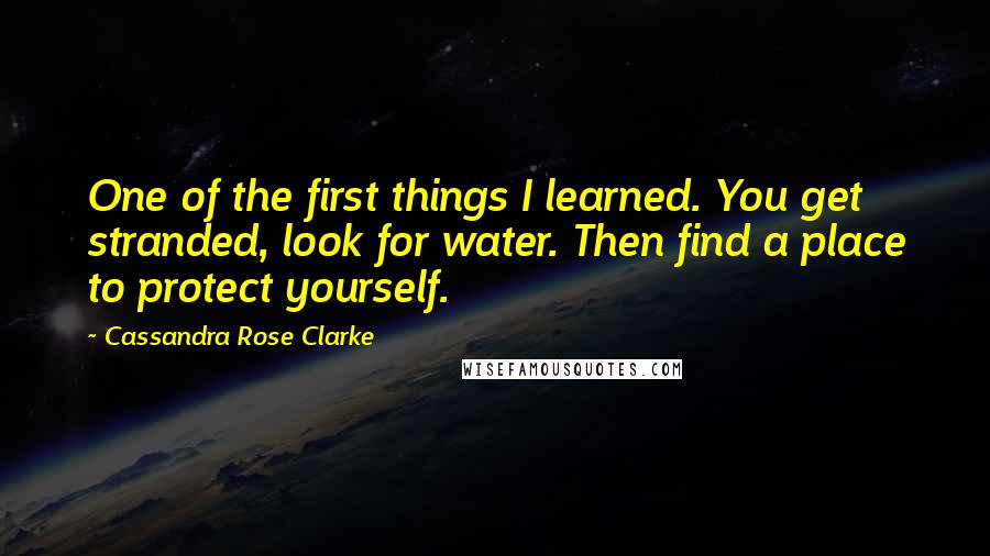 Cassandra Rose Clarke Quotes: One of the first things I learned. You get stranded, look for water. Then find a place to protect yourself.