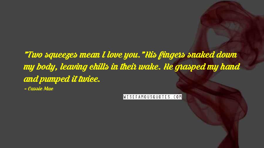 Cassie Mae Quotes: "Two squeezes mean I love you."His fingers snaked down my body, leaving chills in their wake. He grasped my hand and pumped it twice.