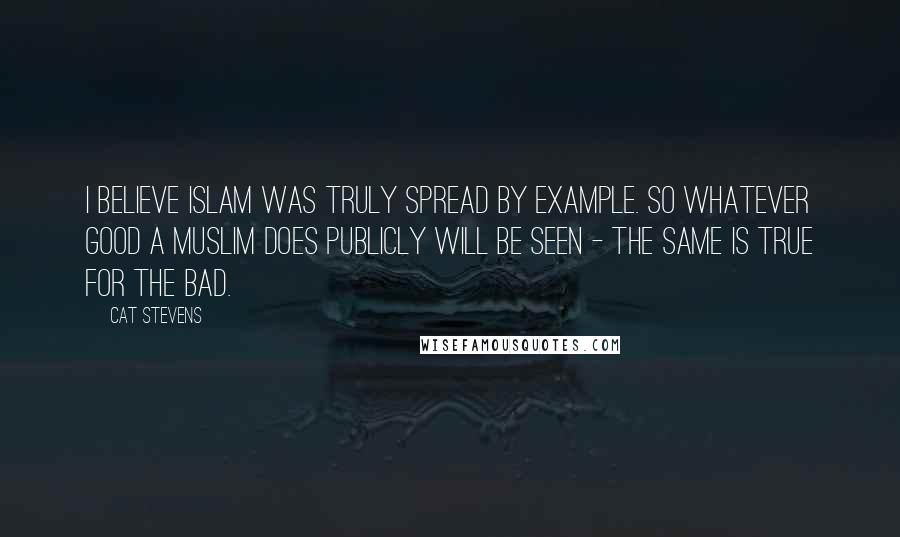 Cat Stevens Quotes: I believe Islam was truly spread by example. So whatever good a Muslim does publicly will be seen - the same is true for the bad.