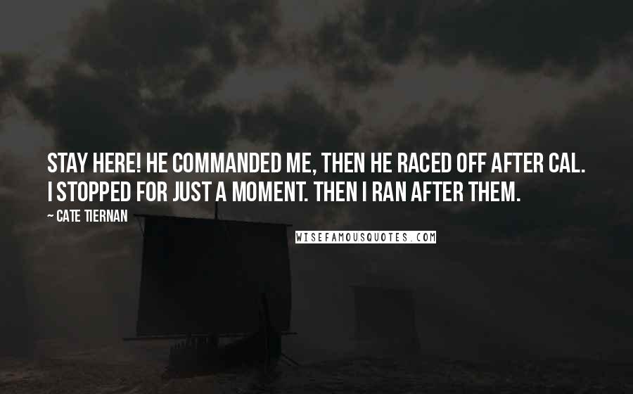 Cate Tiernan Quotes: Stay here! he commanded me, then he raced off after Cal. I stopped for just a moment. Then I ran after them.