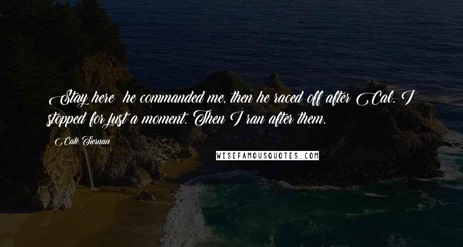 Cate Tiernan Quotes: Stay here! he commanded me, then he raced off after Cal. I stopped for just a moment. Then I ran after them.