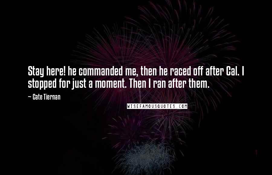 Cate Tiernan Quotes: Stay here! he commanded me, then he raced off after Cal. I stopped for just a moment. Then I ran after them.