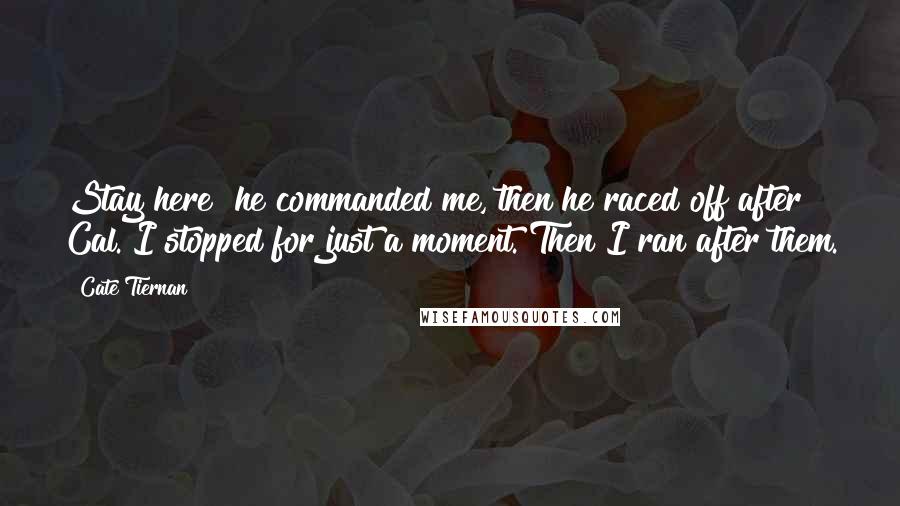 Cate Tiernan Quotes: Stay here! he commanded me, then he raced off after Cal. I stopped for just a moment. Then I ran after them.