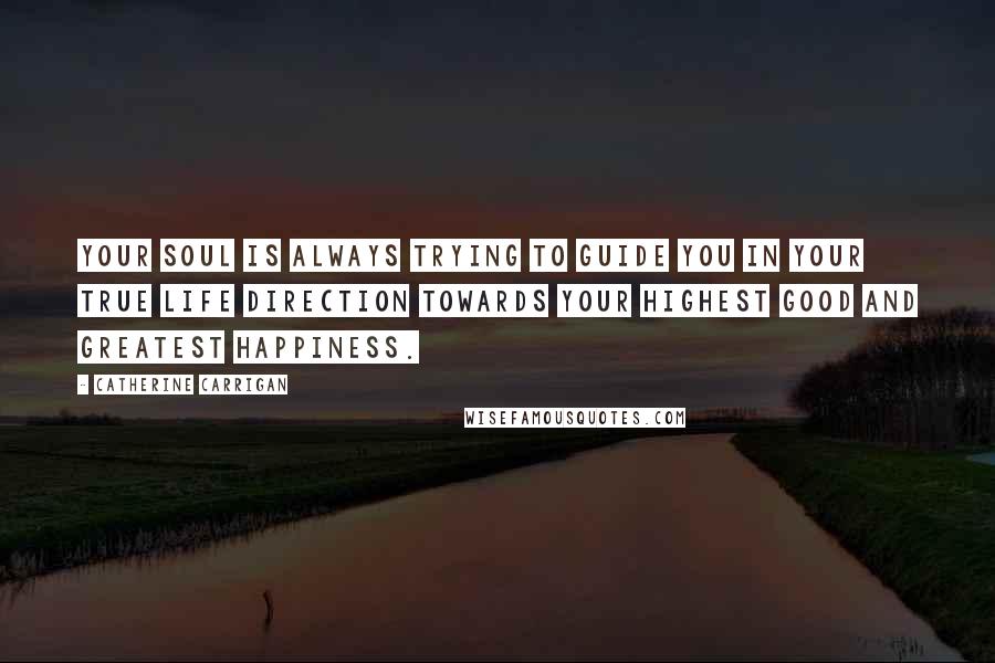 Catherine Carrigan Quotes: Your soul is always trying to guide you in your true life direction towards your highest good and greatest happiness.