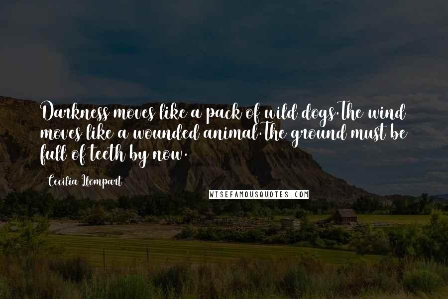 Cecilia Llompart Quotes: Darkness moves like a pack of wild dogs.The wind moves like a wounded animal.The ground must be full of teeth by now.