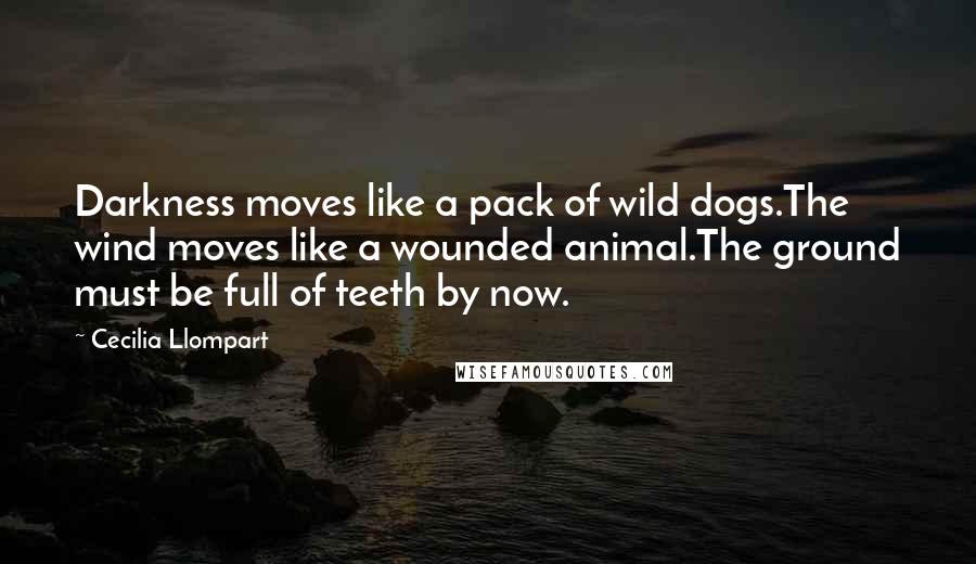 Cecilia Llompart Quotes: Darkness moves like a pack of wild dogs.The wind moves like a wounded animal.The ground must be full of teeth by now.