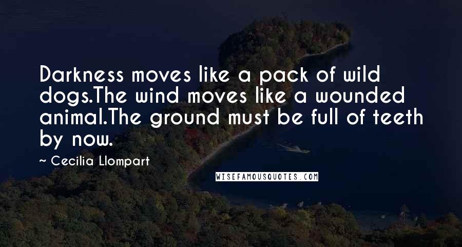 Cecilia Llompart Quotes: Darkness moves like a pack of wild dogs.The wind moves like a wounded animal.The ground must be full of teeth by now.