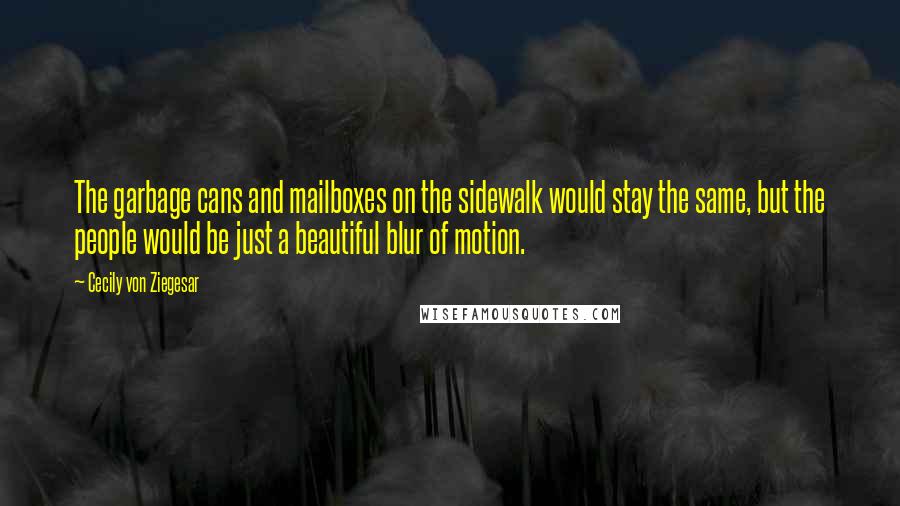 Cecily Von Ziegesar Quotes: The garbage cans and mailboxes on the sidewalk would stay the same, but the people would be just a beautiful blur of motion.