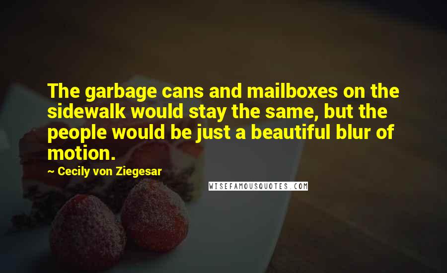 Cecily Von Ziegesar Quotes: The garbage cans and mailboxes on the sidewalk would stay the same, but the people would be just a beautiful blur of motion.