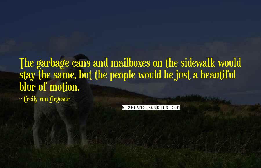 Cecily Von Ziegesar Quotes: The garbage cans and mailboxes on the sidewalk would stay the same, but the people would be just a beautiful blur of motion.