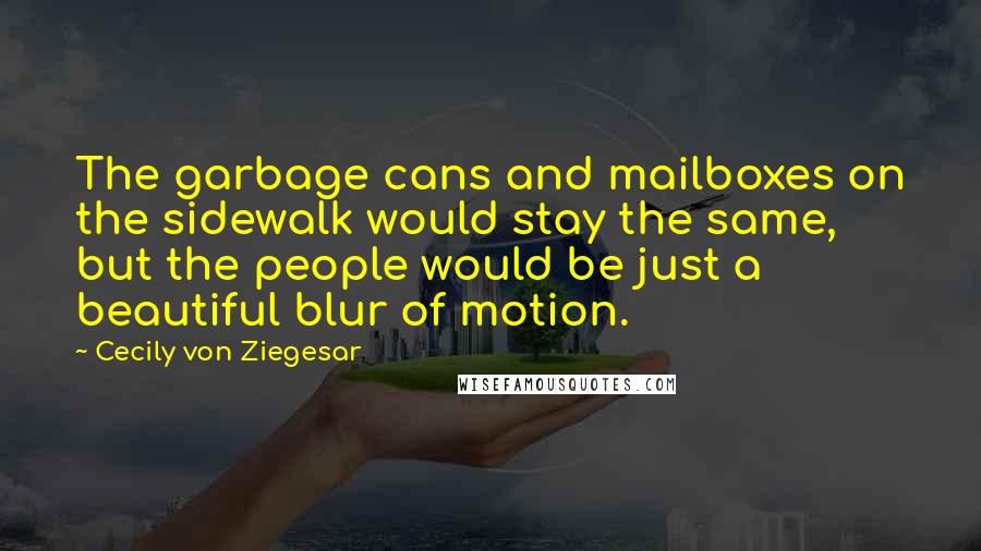 Cecily Von Ziegesar Quotes: The garbage cans and mailboxes on the sidewalk would stay the same, but the people would be just a beautiful blur of motion.