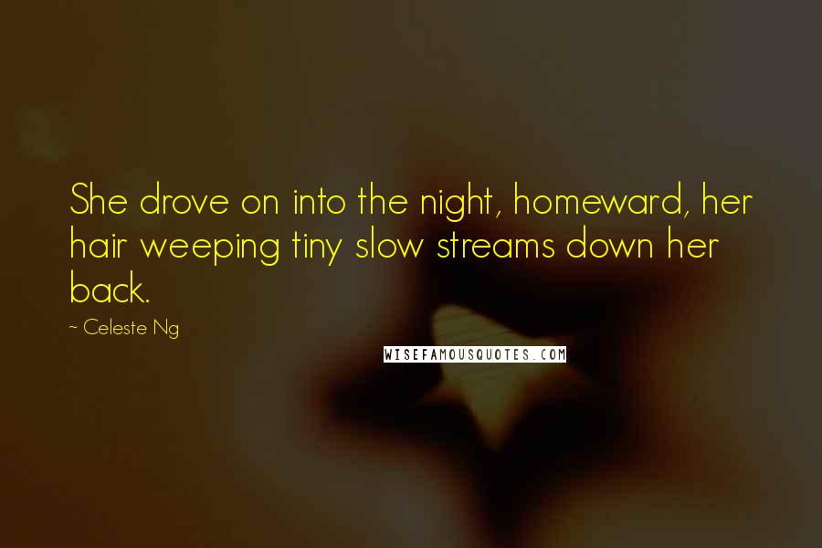 Celeste Ng Quotes: She drove on into the night, homeward, her hair weeping tiny slow streams down her back.