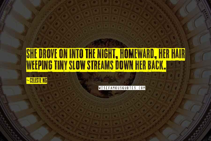 Celeste Ng Quotes: She drove on into the night, homeward, her hair weeping tiny slow streams down her back.