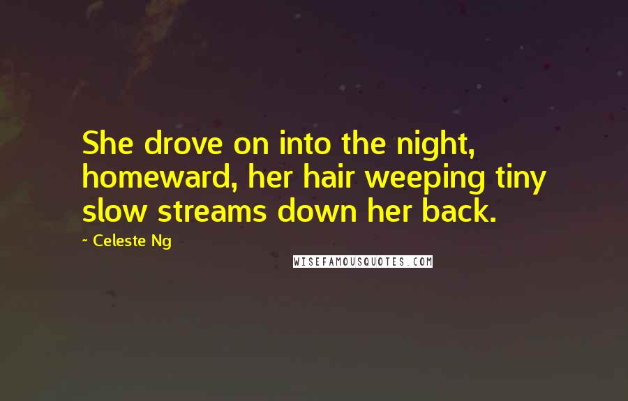 Celeste Ng Quotes: She drove on into the night, homeward, her hair weeping tiny slow streams down her back.