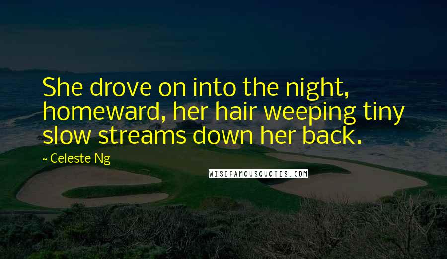 Celeste Ng Quotes: She drove on into the night, homeward, her hair weeping tiny slow streams down her back.